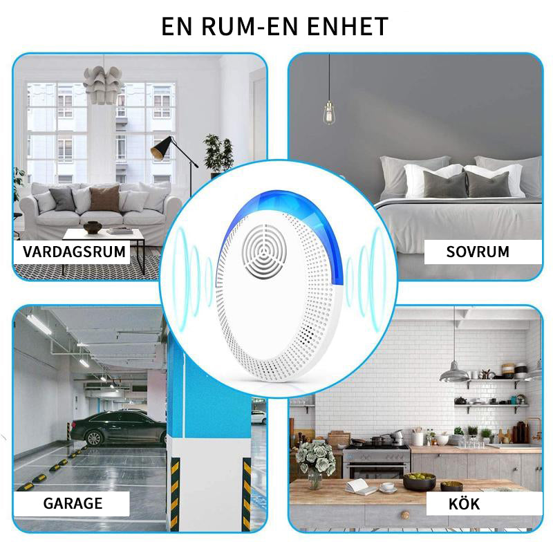 "Diskret elektroniskt ultraljud skadedjursavskräckare för effektivt hemmaskydd, modern design, vit med blå LED-lampa."