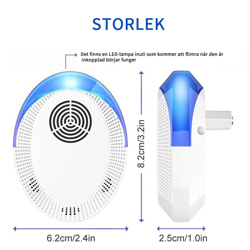 "Diskret elektroniskt ultraljud skadedjursavskräckare för effektivt hemmaskydd, modern design, vit med blå LED-lampa."