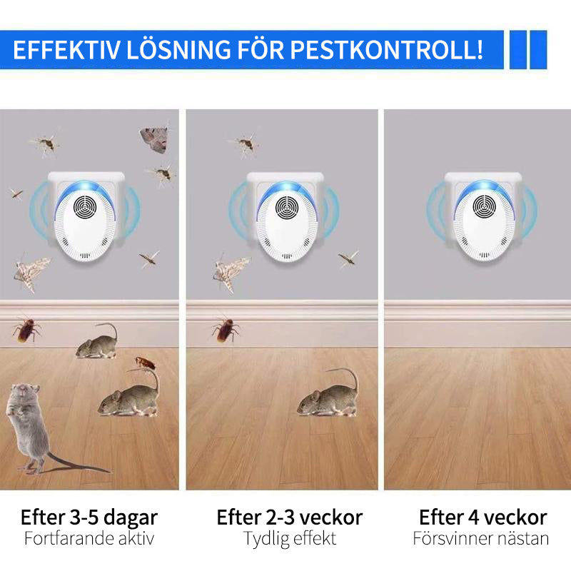 "Diskret elektroniskt ultraljud skadedjursavskräckare för effektivt hemmaskydd, modern design, vit med blå LED-lampa."
