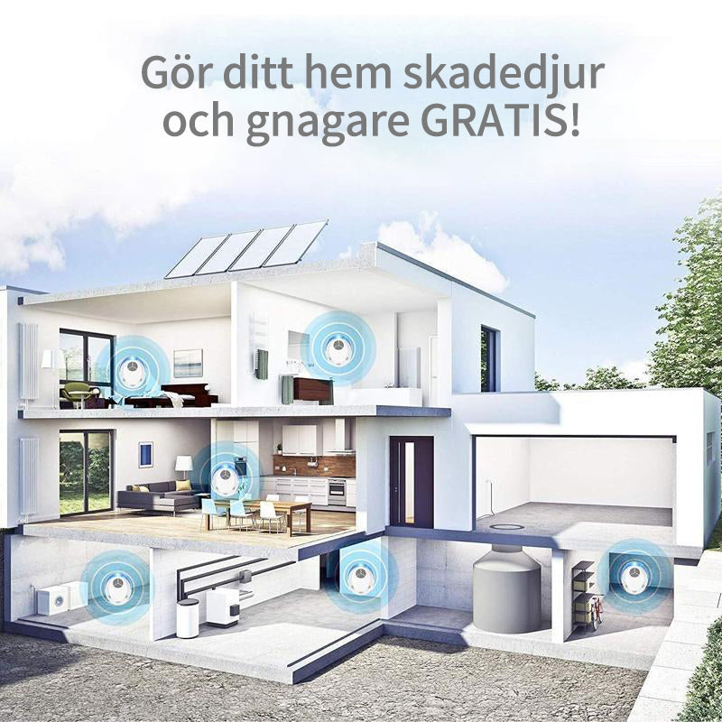 "Diskret elektroniskt ultraljud skadedjursavskräckare för effektivt hemmaskydd, modern design, vit med blå LED-lampa."