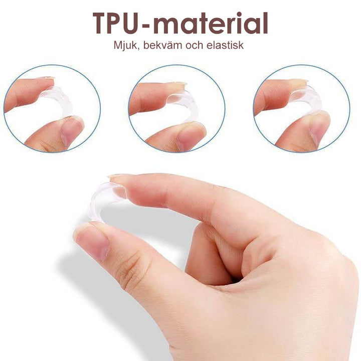 "Diskret ringjusterare i transparent TPU, ger perfekt passform och komfort för både herr- och damringar."