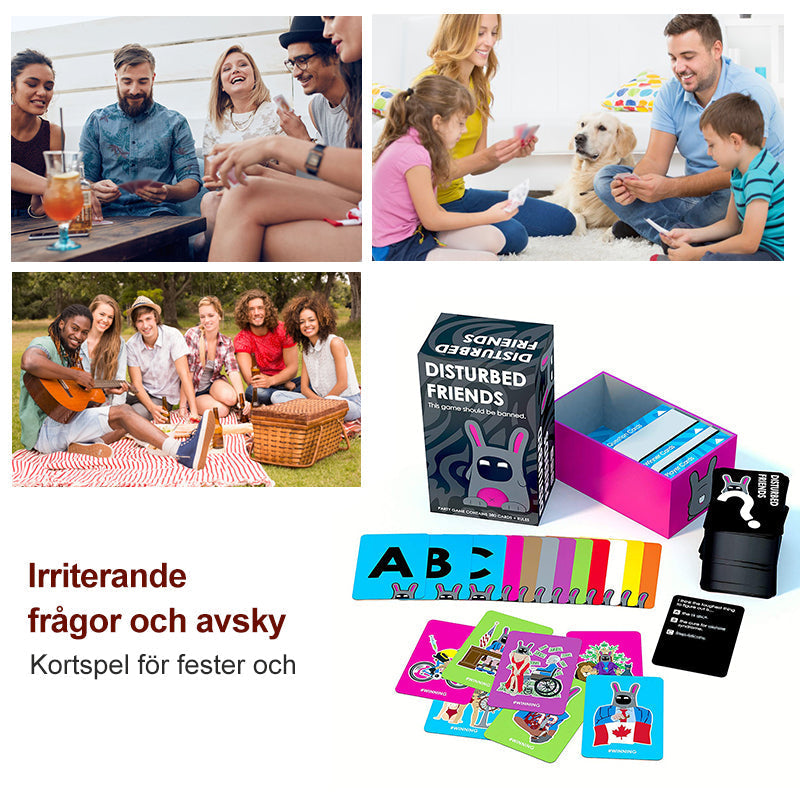 "Disturbed Friends festspel för vuxna med färgglada spelkort och störande frågor, perfekt för roliga spelkvällar."