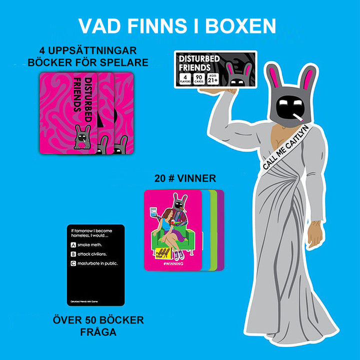 "Disturbed Friends festspel för vuxna med färgglada spelkort och störande frågor, perfekt för roliga spelkvällar."