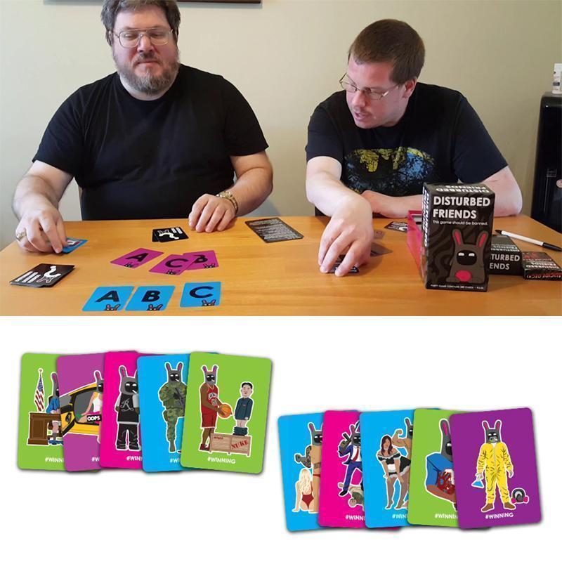 "Disturbed Friends festspel för vuxna med färgglada spelkort och störande frågor, perfekt för roliga spelkvällar."