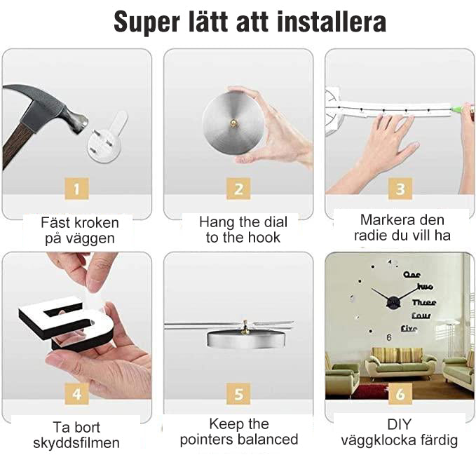 "DIY dekorativ väggklocka i akryl med justerbar 3D-design, svarta och guldiga detaljer för modern heminredning"