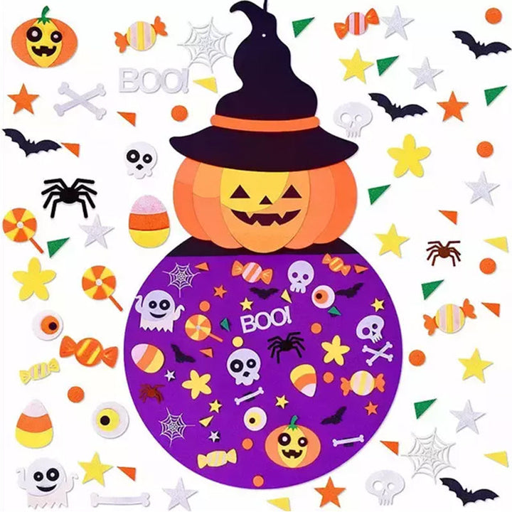 "DIY Halloween filt pumpahäxa dekoration, lila filtmaterial, dekoration för hem och trädgård, interaktiv design för barn"