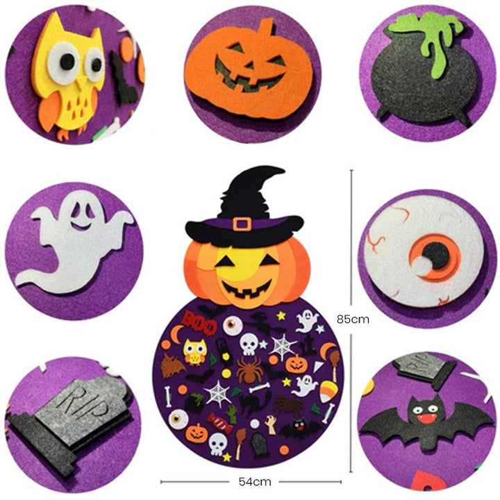 "DIY Halloween filt pumpahäxa dekoration, lila filtmaterial, dekoration för hem och trädgård, interaktiv design för barn"