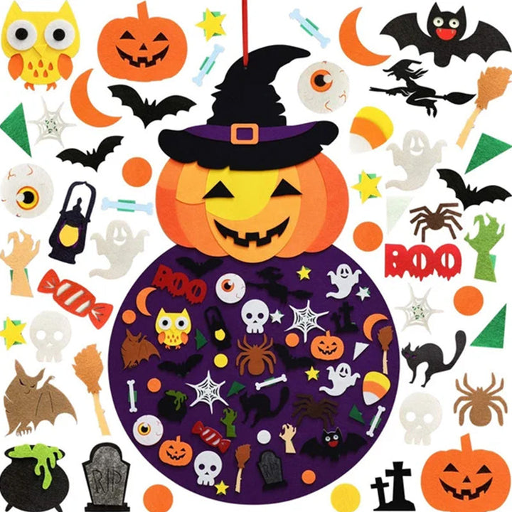 "DIY Halloween filt pumpahäxa dekoration, lila filtmaterial, dekoration för hem och trädgård, interaktiv design för barn"