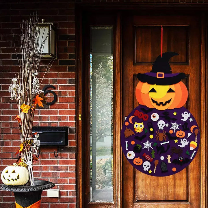 "DIY Halloween filt pumpahäxa dekoration, lila filtmaterial, dekoration för hem och trädgård, interaktiv design för barn"