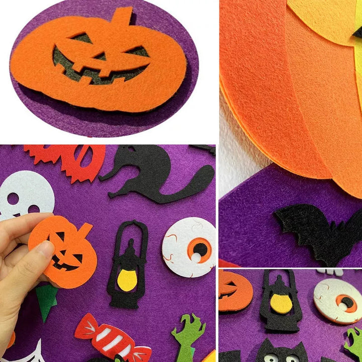 "DIY Halloween filt pumpahäxa dekoration, lila filtmaterial, dekoration för hem och trädgård, interaktiv design för barn"