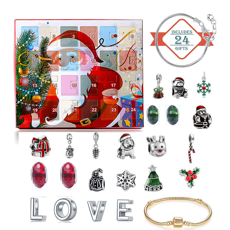 "DIY jularmband adventskalender för barn med charmarmband, snögubbe och jultomtemotiv i färgglad förpackning."