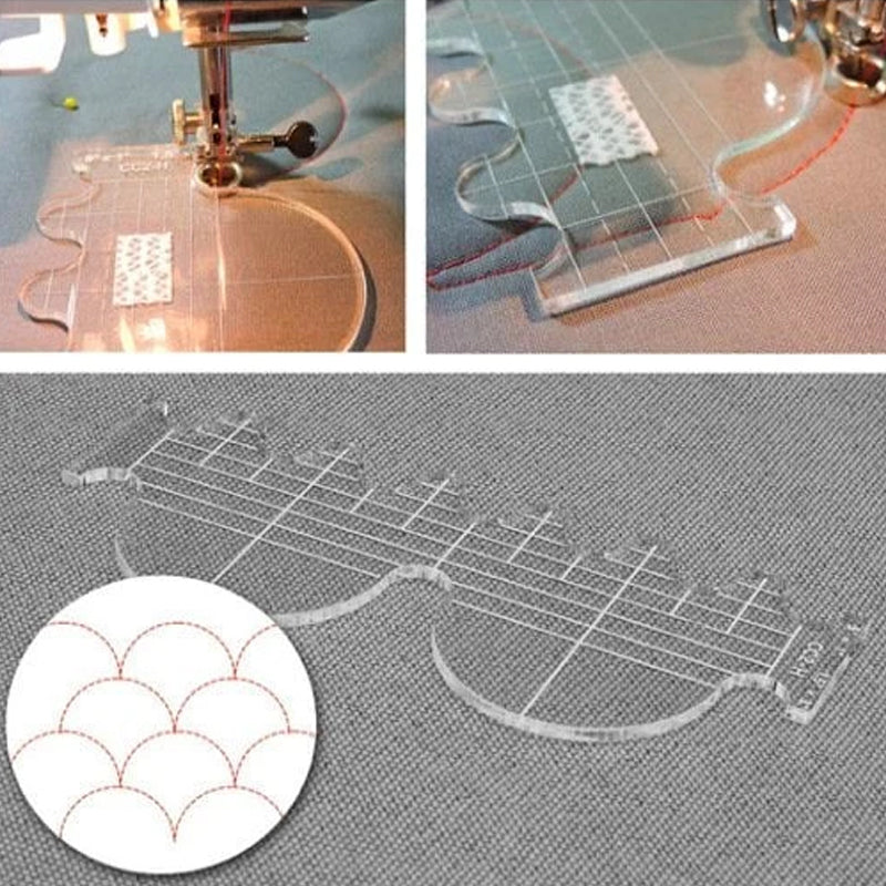 "DIY lapptäcksverktyg kit med sex akrylmallar och en tryckfot, idealiskt för kreativt quiltning och handarbete."
