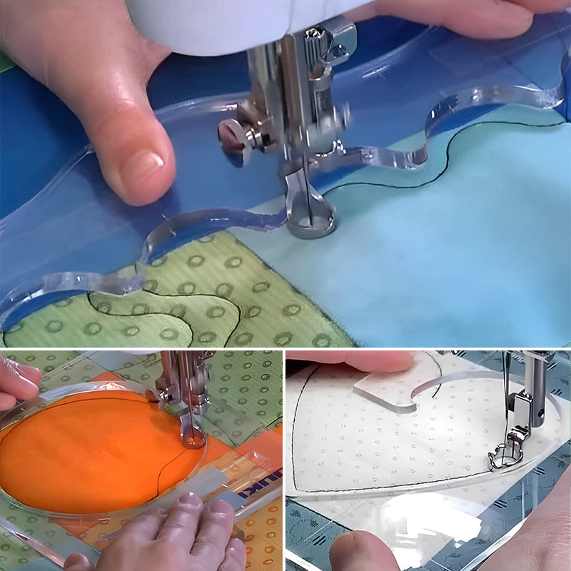 "DIY lapptäcksverktyg kit med sex akrylmallar och en tryckfot, idealiskt för kreativt quiltning och handarbete."