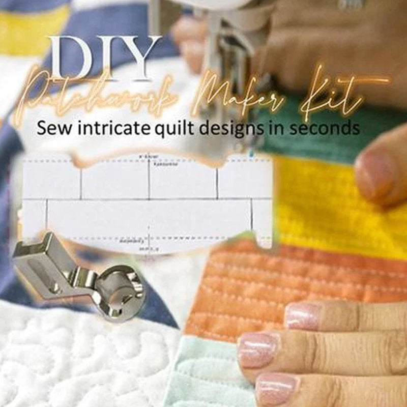 "DIY lapptäcksverktyg kit med sex akrylmallar och en tryckfot, idealiskt för kreativt quiltning och handarbete."