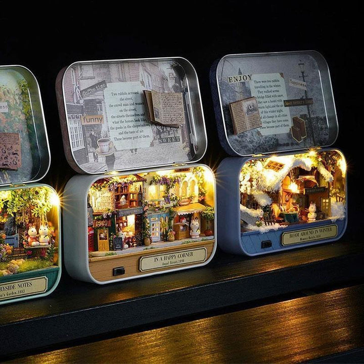 "DIY miniatyr dockhus för barn och vuxna med LED, trä och plastdetaljer, upplysta interiörer, kreativ byggsats"