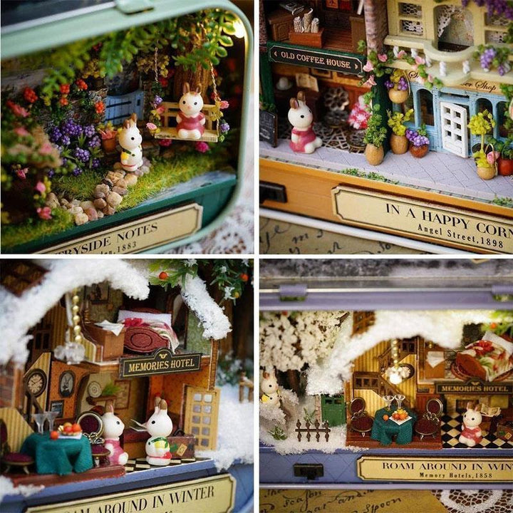 "DIY miniatyr dockhus för barn och vuxna med LED, trä och plastdetaljer, upplysta interiörer, kreativ byggsats"