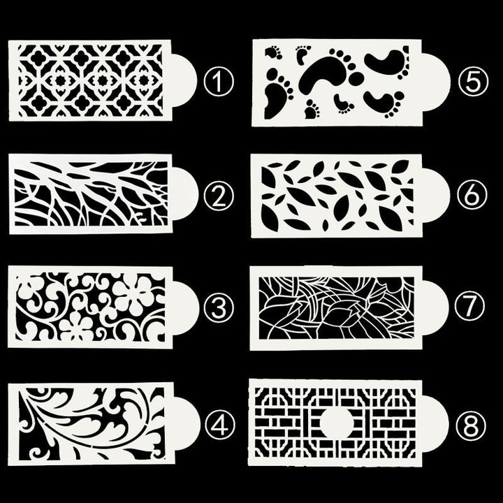 "DIY tårtstencil i mjölkvit PET-plast med vackra mönster för enkel tårtdekor. Perfekt för köksentusiaster."