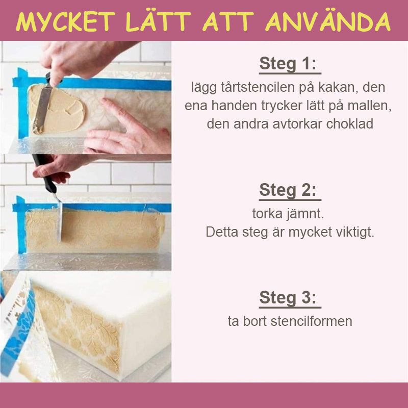 "DIY tårtstencil i mjölkvit PET-plast med vackra mönster för enkel tårtdekor. Perfekt för köksentusiaster."
