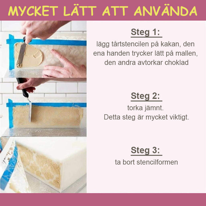 "DIY tårtstencil i mjölkvit PET-plast med vackra mönster för enkel tårtdekor. Perfekt för köksentusiaster."
