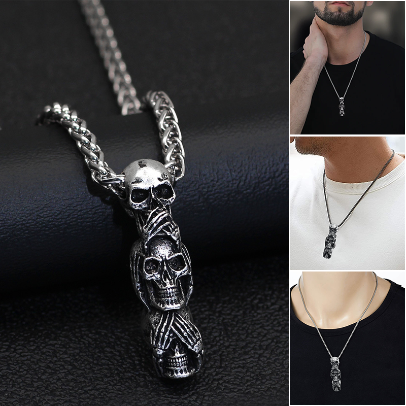 "Djärvt skull halsband för män i silver, maskulin design, perfekt för att sticka ut vid alla tillfällen, casual eller fest."