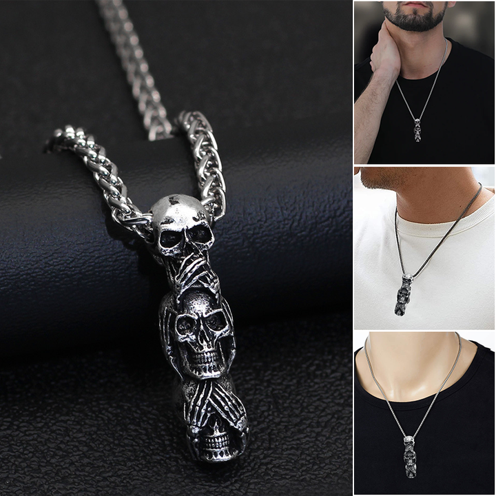 "Djärvt skull halsband för män i silver, maskulin design, perfekt för att sticka ut vid alla tillfällen, casual eller fest."