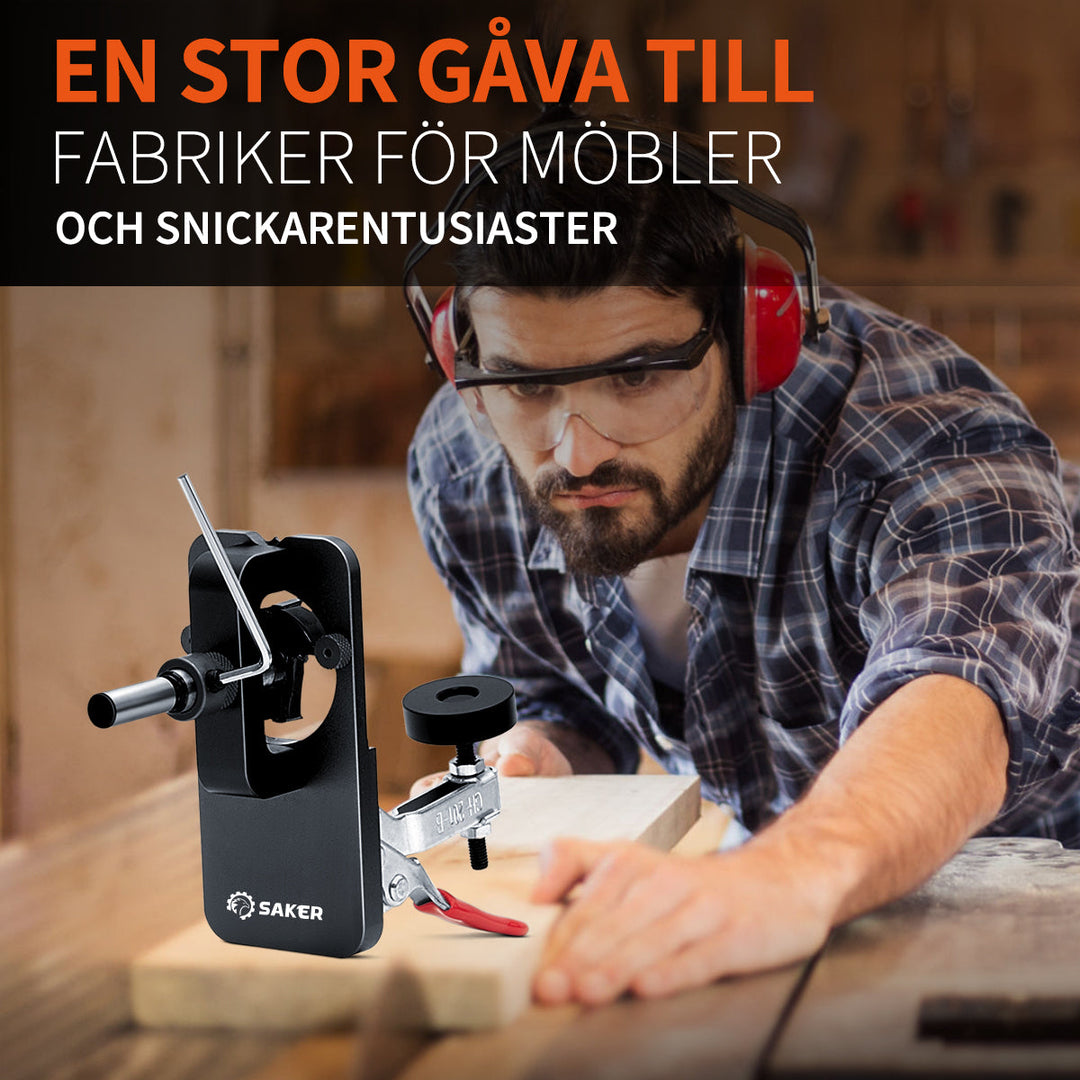 "Dolt gångjärn borrmall i svart aluminium för exakt träbearbetning, robust och justerbar för olika träskivor."