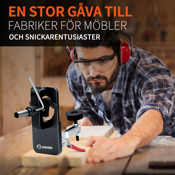 "Dolt gångjärn borrmall i svart aluminium för exakt träbearbetning, robust och justerbar för olika träskivor."