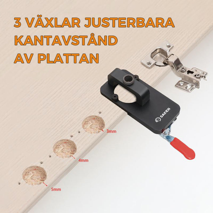 "Dolt gångjärn borrmall i svart aluminium för exakt träbearbetning, robust och justerbar för olika träskivor."
