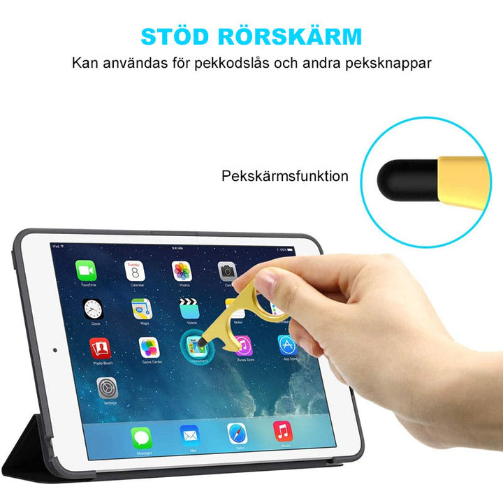 "Dörröppnare med nyckelring, kompakt design i metall. Perfekt för beröringsfri säkerhet i svart, gult eller silver."