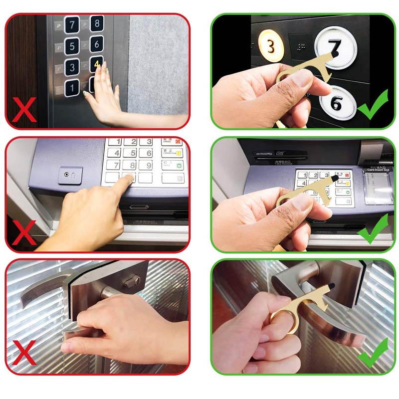 "Dörröppnare med nyckelring, kompakt design i metall. Perfekt för beröringsfri säkerhet i svart, gult eller silver."