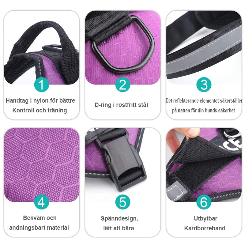 "Dragfri hundsele i reflekterande material, justerbara remmar, robust design, finns i flera färger för säkra promenader."