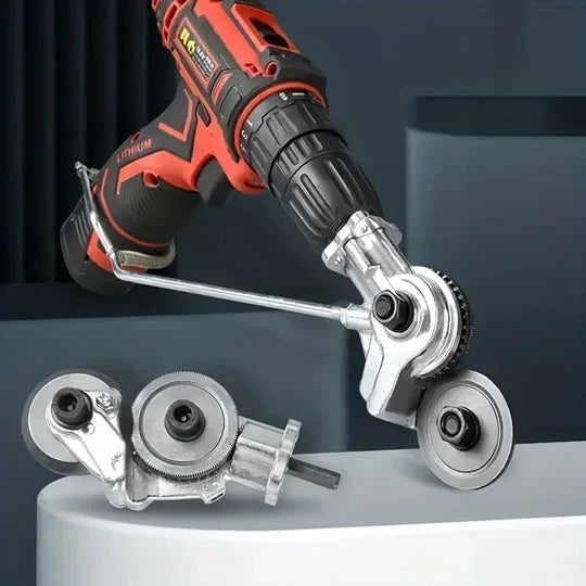 DrillFlex adapter som förvandlar borrmaskin till precisionsplåtskärare för smidigt metallarbete & gör-det-själv projekt.