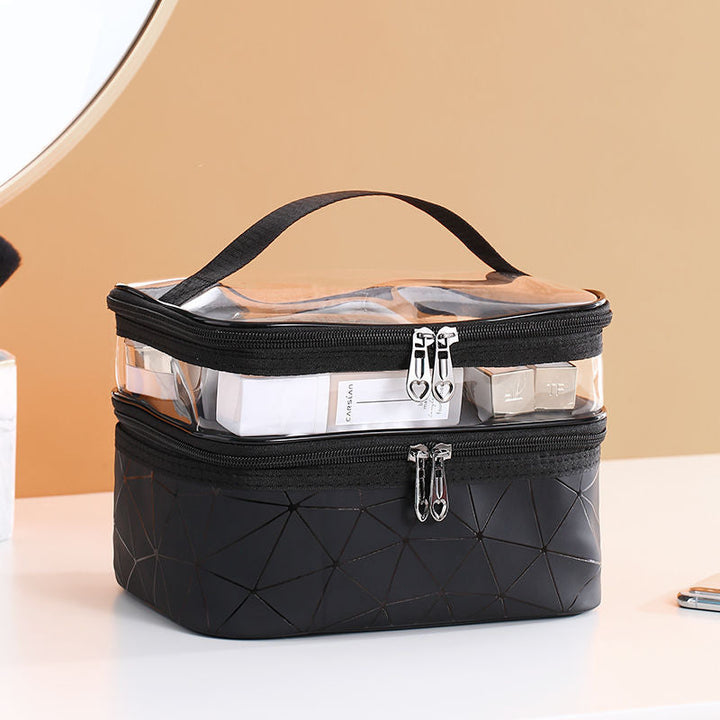 "Dubbellagers kosmetikaväska i transparent TPU med rymligt fack, dubbla dragkedjor och elegant design för sminkförvaring."