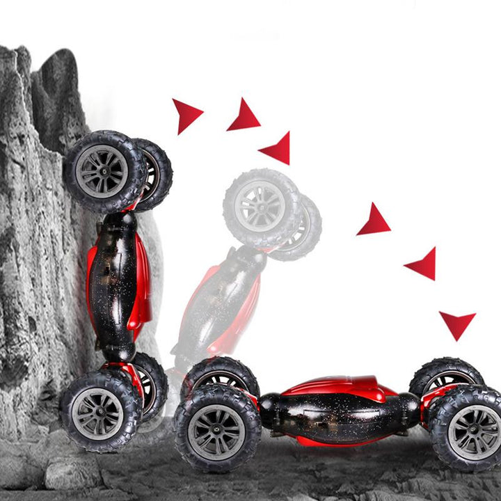 "Dubbelsidig offroad fjärrstyrd bil för barn, röd och blå, utför 360° rotationer och trick på alla terränger."