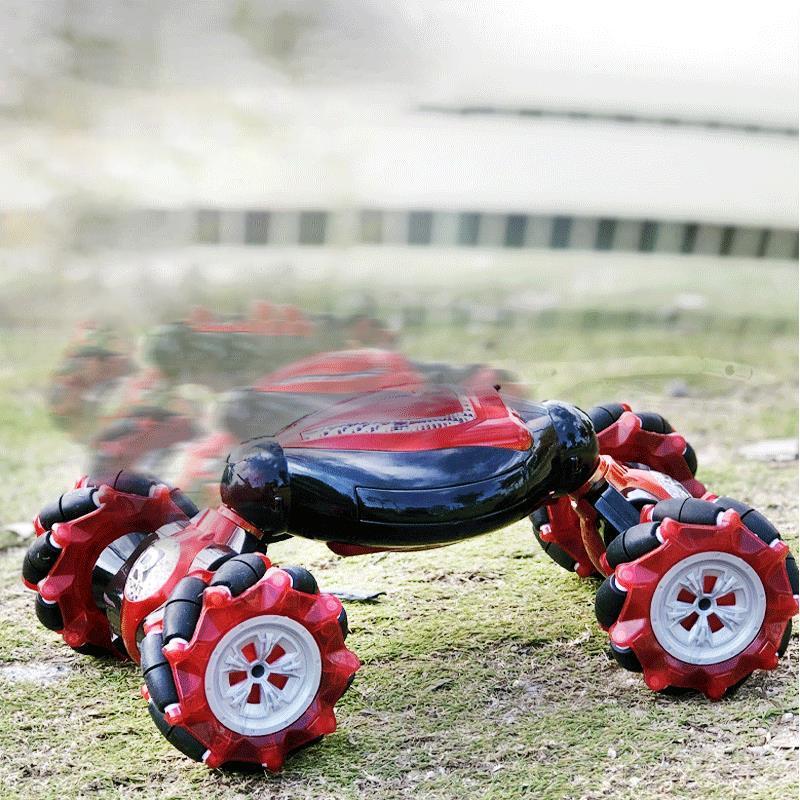 "Dubbelsidig offroad fjärrstyrd bil för barn, röd och blå, utför 360° rotationer och trick på alla terränger."
