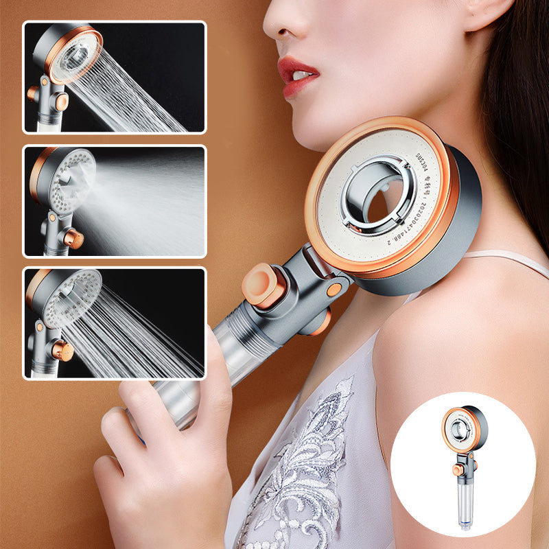 "Dubbelsidigt duschhuvud i krom med justerbart tryck, trefaldiga vattenlägen och klorreduktion, optimal för badrum."