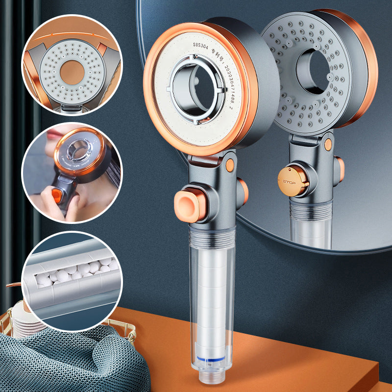 "Dubbelsidigt duschhuvud i krom med justerbart tryck, trefaldiga vattenlägen och klorreduktion, optimal för badrum."