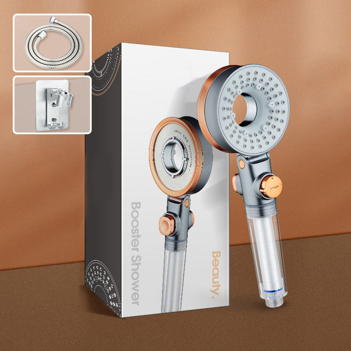 "Dubbelsidigt duschhuvud i krom med justerbart tryck, trefaldiga vattenlägen och klorreduktion, optimal för badrum."