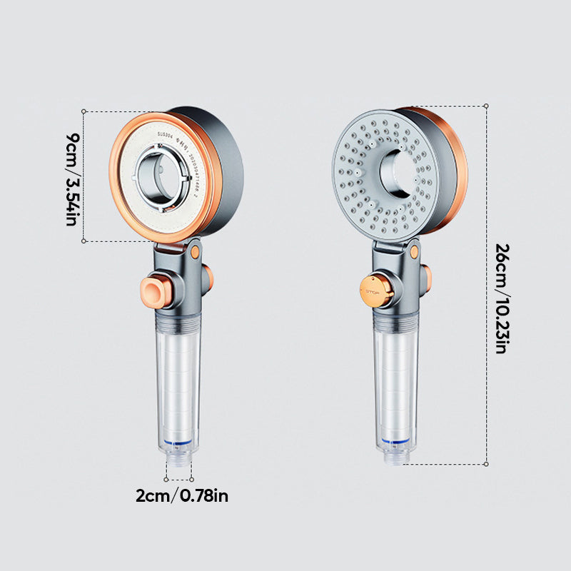 "Dubbelsidigt duschhuvud i krom med justerbart tryck, trefaldiga vattenlägen och klorreduktion, optimal för badrum."