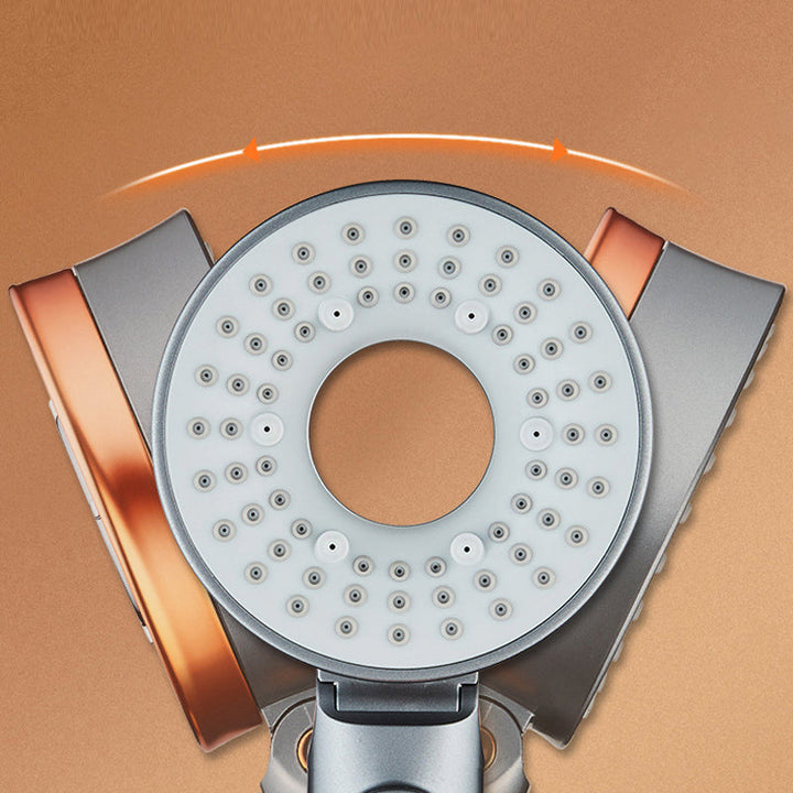 "Dubbelsidigt duschhuvud i krom med justerbart tryck, trefaldiga vattenlägen och klorreduktion, optimal för badrum."