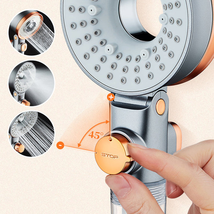 "Dubbelsidigt duschhuvud i krom med justerbart tryck, trefaldiga vattenlägen och klorreduktion, optimal för badrum."