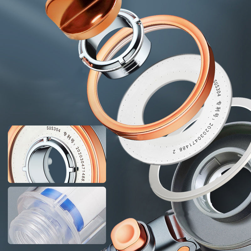 "Dubbelsidigt duschhuvud i krom med justerbart tryck, trefaldiga vattenlägen och klorreduktion, optimal för badrum."