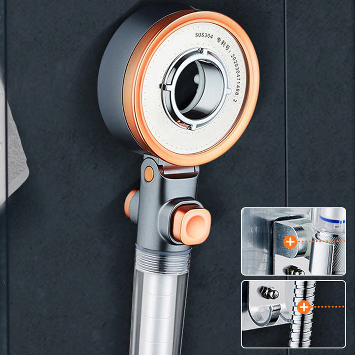 "Dubbelsidigt duschhuvud i krom med justerbart tryck, trefaldiga vattenlägen och klorreduktion, optimal för badrum."