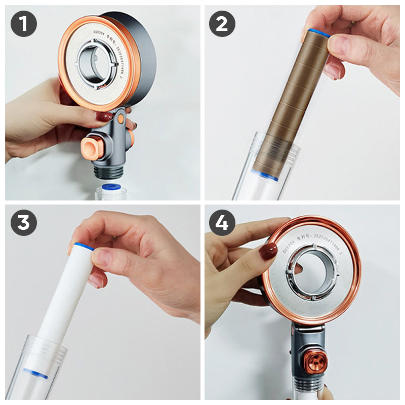 "Dubbelsidigt duschhuvud i krom med justerbart tryck, trefaldiga vattenlägen och klorreduktion, optimal för badrum."