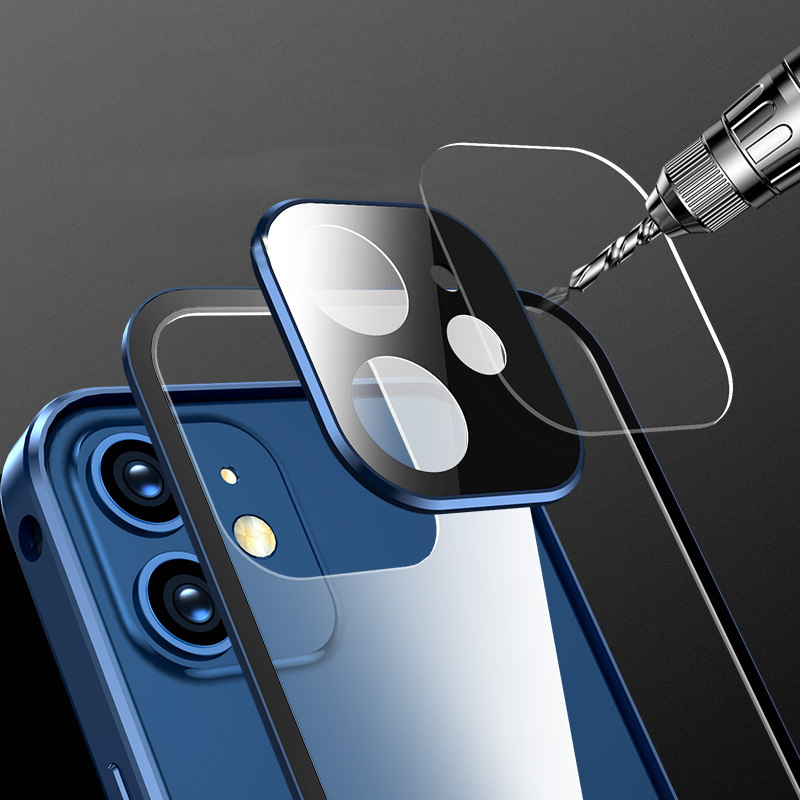 "Dubbelsidigt iPhone-fodral med glasdesign och spänne, modern och robust för säker stil och fullständigt skydd."