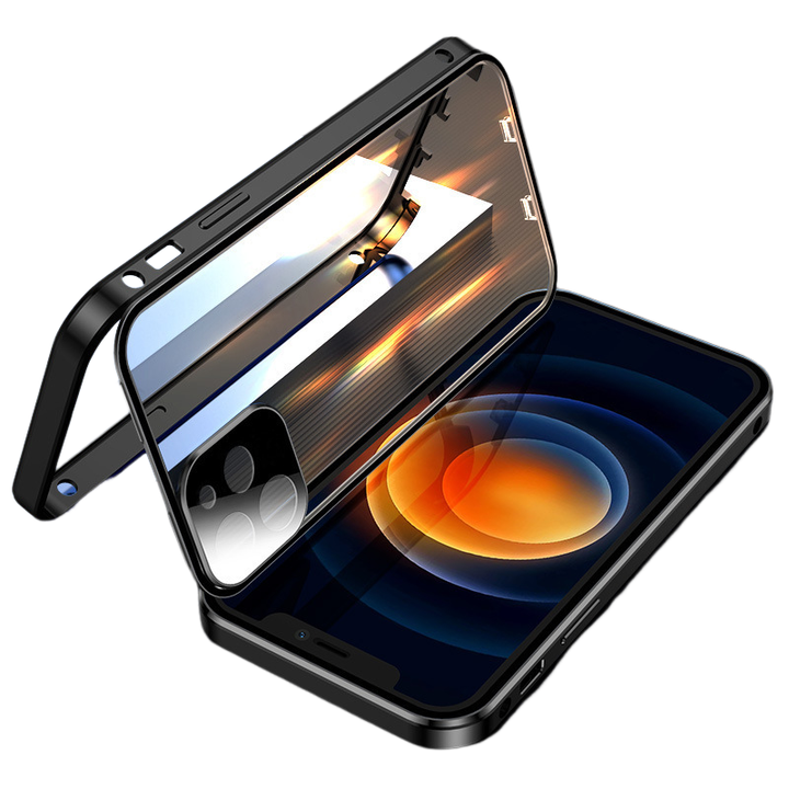 "Dubbelsidigt iPhone-fodral med glasdesign och spänne, modern och robust för säker stil och fullständigt skydd."