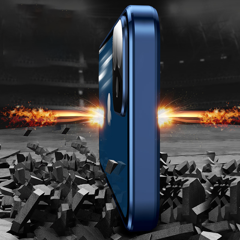 "Dubbelsidigt iPhone-fodral med glasdesign och spänne, modern och robust för säker stil och fullständigt skydd."