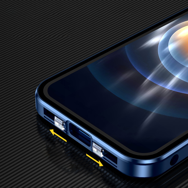 "Dubbelsidigt iPhone-fodral med glasdesign och spänne, modern och robust för säker stil och fullständigt skydd."