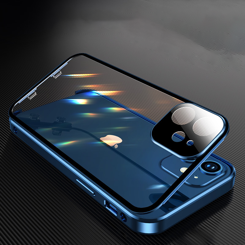 "Dubbelsidigt iPhone-fodral med glasdesign och spänne, modern och robust för säker stil och fullständigt skydd."