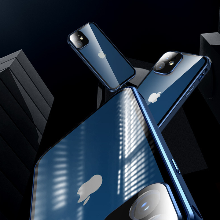 "Dubbelsidigt iPhone-fodral med glasdesign och spänne, modern och robust för säker stil och fullständigt skydd."